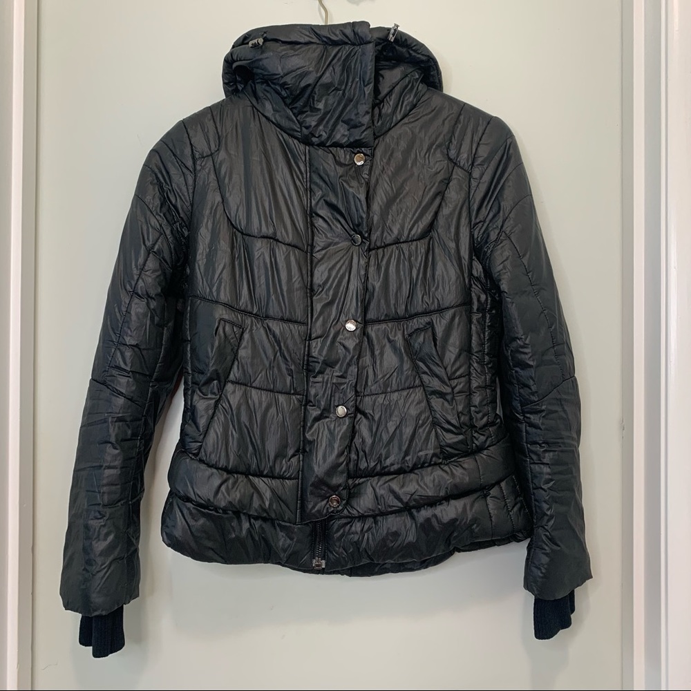 Anne Klein black and brown hooded puffer coat zipper cotton lined Medium jacket